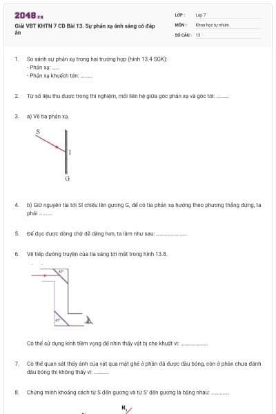 Giải VBT KHTN 7 CD Bài 13. Sự phản xạ ánh sáng có đáp án