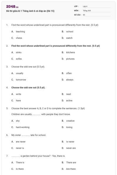 Đề thi giữa kì 1 Tiếng Anh 6 có đáp án (Đề 15)