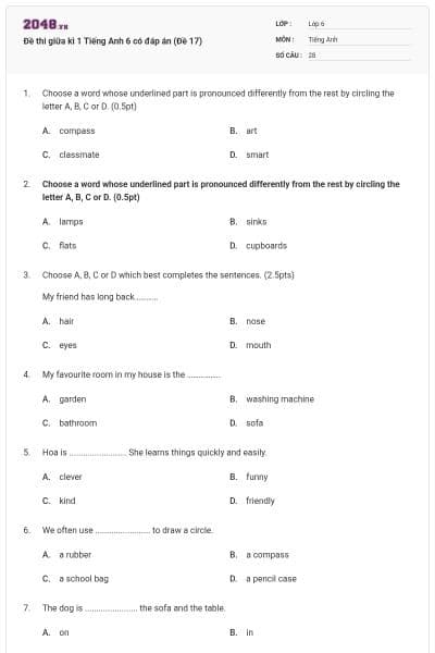 Đề thi giữa kì 1 Tiếng Anh 6 có đáp án (Đề 17)