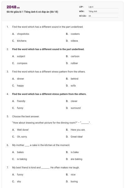 Đề thi giữa kì 1 Tiếng Anh 6 có đáp án (Đề 18)