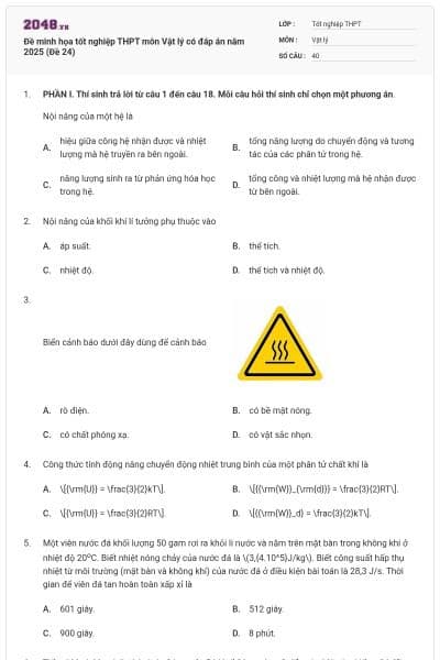 Đề minh họa tốt nghiệp THPT môn Vật lý có đáp án năm 2025 (Đề 24)