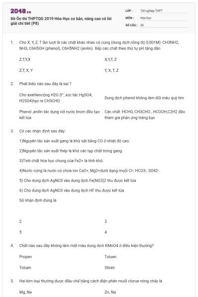 Đề Ôn thi THPTQG 2019 Hóa Học cơ bản, nâng cao có lời giải chi tiết (P8)