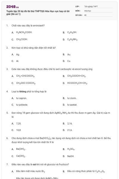 Tuyển tập 20 bộ đề thi thử THPTQG Hóa Học cực hay có lời giải (Đề số 1)