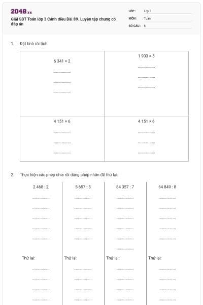 Giải SBT Toán lớp 3 Cánh diều Bài 89. Luyện tập chung có đáp án