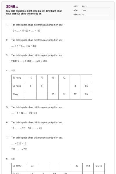 Giải SBT Toán lớp 3 Cánh diều Bài 90. Tìm thành phần chưa biết của phép tính có đáp án
