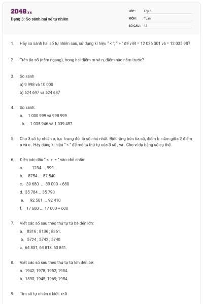 Dạng 3: So sánh hai số tự nhiên