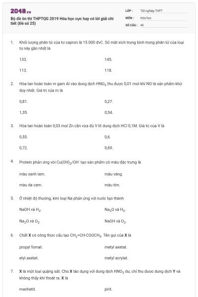 Bộ đề ôn thi THPTQG 2019 Hóa học cực hay có lời giải chi tiết (Đề số 25)