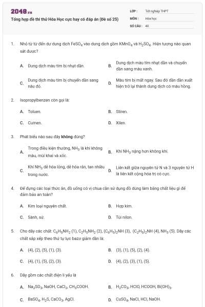 Tổng hợp đề thi thử Hóa Học cực hay có đáp án (Đề số 25)