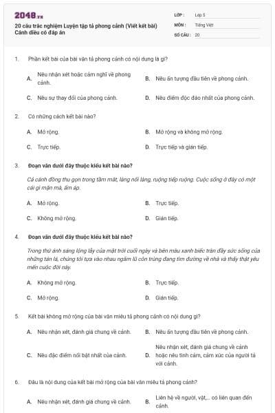 20 câu trắc nghiệm Luyện tập tả phong cảnh (Viết kết bài) Cánh diều có đáp án