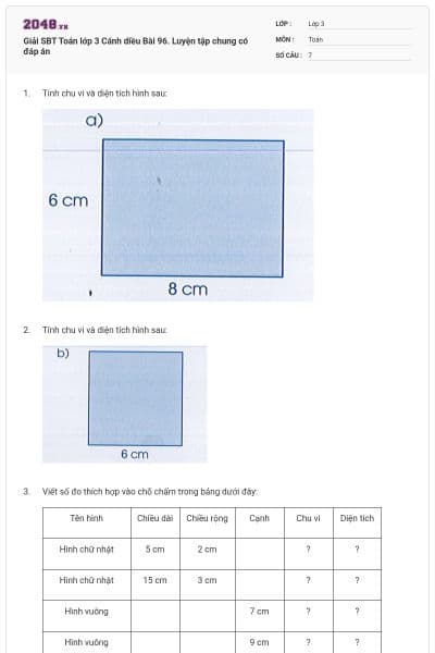 Giải SBT Toán lớp 3 Cánh diều Bài 96. Luyện tập chung có đáp án