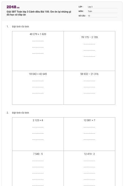 Giải SBT Toán lớp 3 Cánh diều Bài 100. Em ôn lại những gì đã học có đáp án