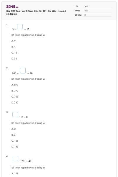 Giải SBT Toán lớp 3 Cánh diều Bài 101. Bài kiểm tra số 4 có đáp án