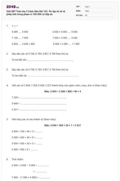 Giải SBT Toán lớp 3 Cánh diều Bài 102. Ôn tập về số và phép tính trong phạm vi 100 000 có đáp án