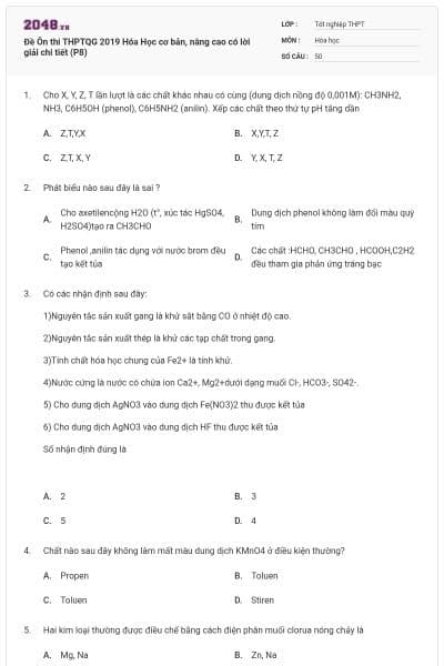 Đề Ôn thi THPTQG 2019 Hóa Học cơ bản, nâng cao có lời giải chi tiết (P8)