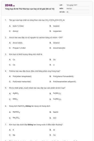 Tổng hợp đề thi Thử Hóa học cực hay có lời giải (Đề số 16)