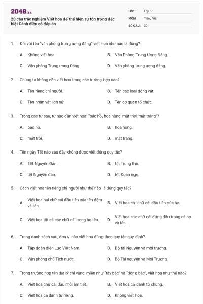 20 câu trắc nghiệm Viết hoa để thể hiện sự tôn trọng đặc biệt Cánh diều có đáp án