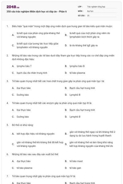 350 câu trắc nghiệm Miễn dịch học có đáp án - Phần 6
