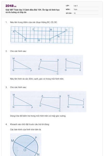 Giải SBT Toán lớp 3 Cánh diều Bài 104. Ôn tập về hình học và đo lường có đáp án