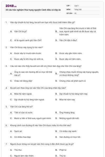 20 câu trắc nghiệm Hoa trạng nguyên Cánh diều có đáp án