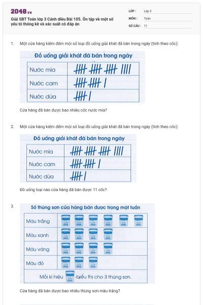 Giải SBT Toán lớp 3 Cánh diều Bài 105. Ôn tập về một số yếu tố thống kê và xác suất có đáp án