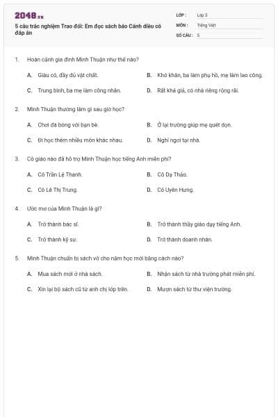 5 câu trắc nghiệm Trao đổi: Em đọc sách báo Cánh diều có đáp án