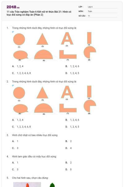 11 câu Trắc nghiệm Toán 6 Kết nối tri thức Bài 21: Hình có trục đối xứng có đáp án (Phần 2)