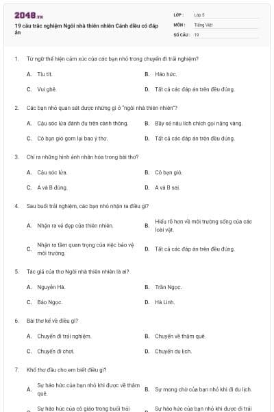 19 câu trắc nghiệm Ngôi nhà thiên nhiên Cánh diều có đáp án