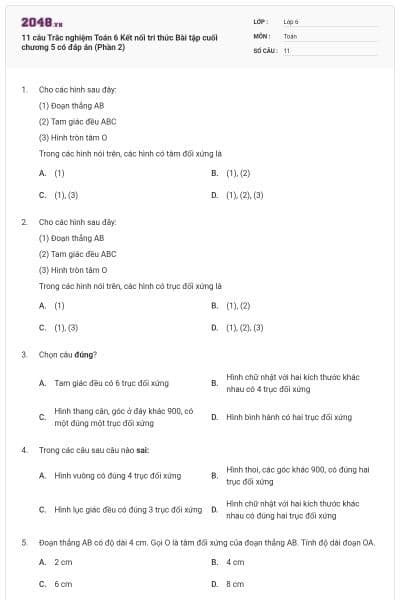 11 câu Trắc nghiệm Toán 6 Kết nối tri thức Bài tập cuối chương 5 có đáp án (Phần 2)