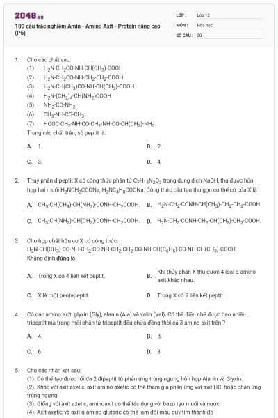 100 câu trắc nghiệm Amin - Amino Axit - Protein nâng cao (P5)