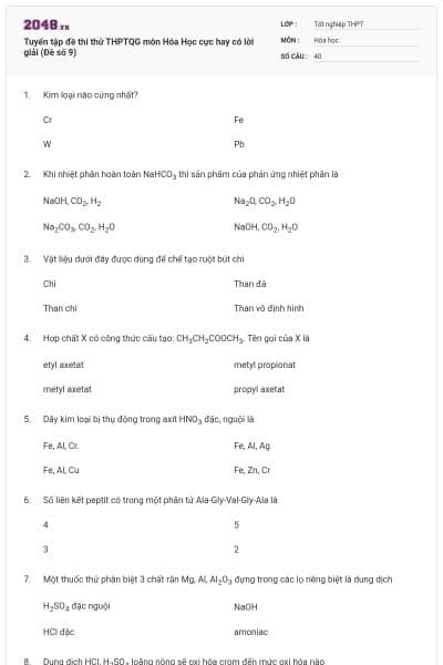 Tuyển tập đề thi thử THPTQG môn Hóa Học cực hay có lời giải (Đề số 9)