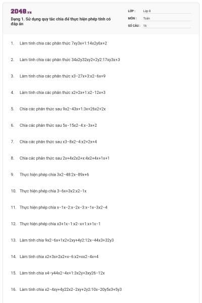Dạng 1. Sử dụng quy tắc chia để thực hiện phép tính có đáp án