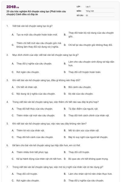 20 câu trắc nghiệm Kể chuyện sáng tạo (Phát triển câu chuyện) Cánh diều có đáp án