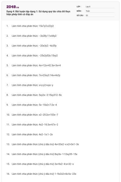 Dạng 4: Bài luyện tập dạng 1: Sử dụng quy tắc chia để thực hiện phép tính có đáp án