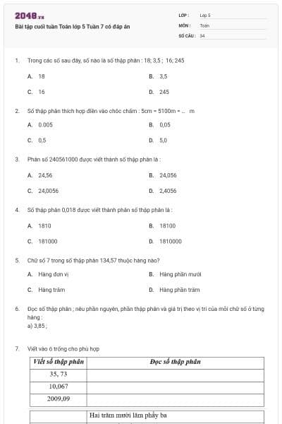 Bài tập cuối tuần Toán lớp 5 Tuần 7 có đáp án