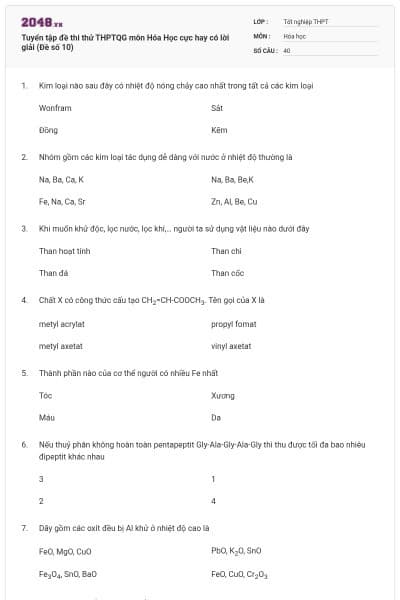 Tuyển tập đề thi thử THPTQG môn Hóa Học cực hay có lời giải (Đề số 10)