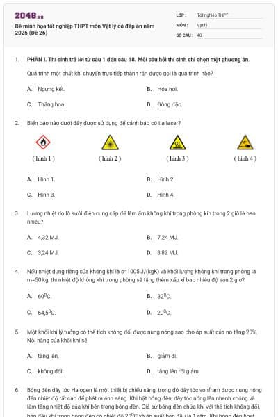Đề minh họa tốt nghiệp THPT môn Vật lý có đáp án năm 2025 (Đề 26)