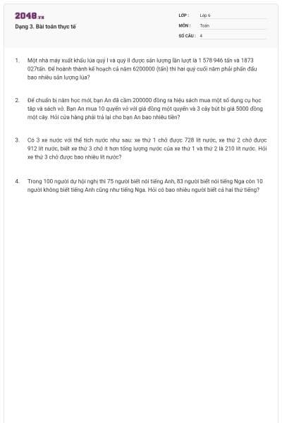 Dạng 3. Bài toán thực tế