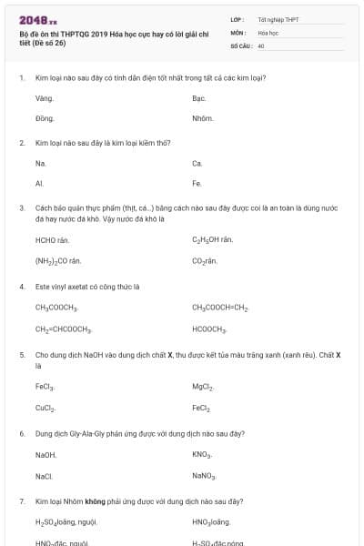 Bộ đề ôn thi THPTQG 2019 Hóa học cực hay có lời giải chi tiết (Đề số 26)