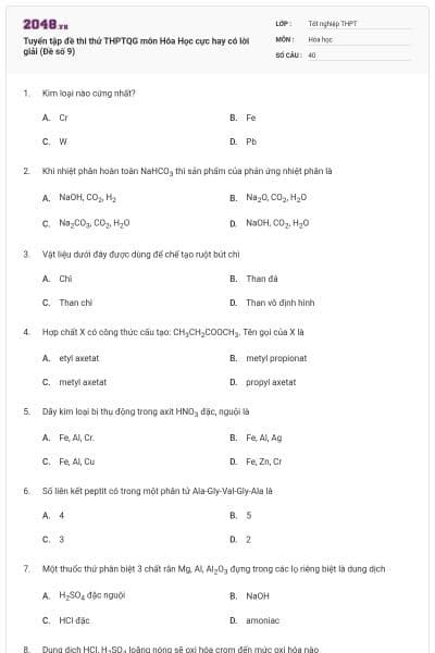 Tuyển tập đề thi thử THPTQG môn Hóa Học cực hay có lời giải (Đề số 9)