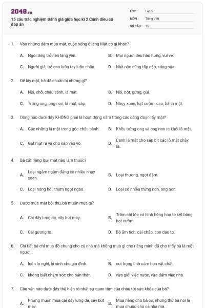 15 câu trắc nghiệm Đánh giá giữa học kì 2 Cánh diều có đáp án