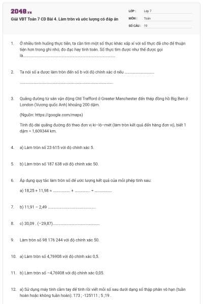 Giải VBT Toán 7 CD Bài 4. Làm tròn và ước lượng có đáp án