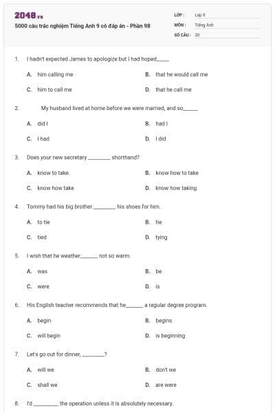 5000 câu trắc nghiệm Tiếng Anh 9 có đáp án - Phần 98