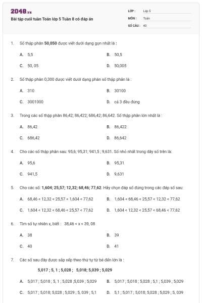 Bài tập cuối tuần Toán lớp 5 Tuần 8 có đáp án