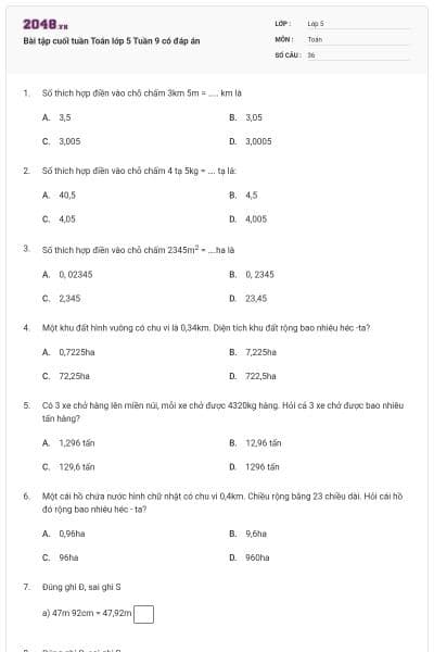 Bài tập cuối tuần Toán lớp 5 Tuần 9 có đáp án