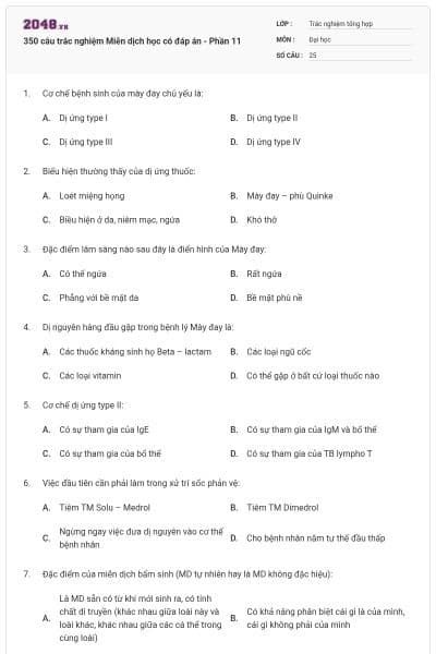 350 câu trắc nghiệm Miễn dịch học có đáp án - Phần 11