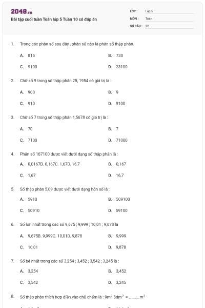 Bài tập cuối tuần Toán lớp 5 Tuần 10 có đáp án