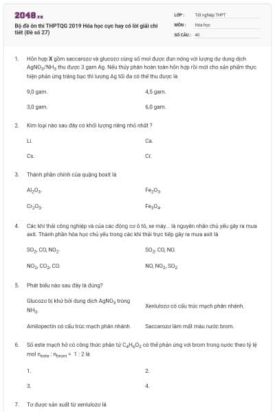 Bộ đề ôn thi THPTQG 2019 Hóa học cực hay có lời giải chi tiết (Đề số 27)