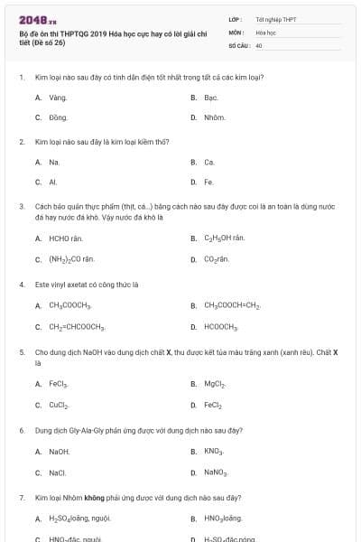 Bộ đề ôn thi THPTQG 2019 Hóa học cực hay có lời giải chi tiết (Đề số 26)