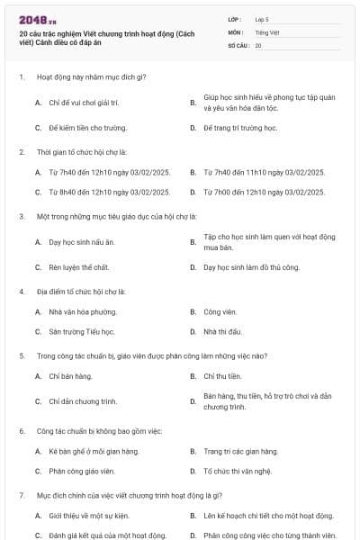 20 câu trắc nghiệm Viết chương trình hoạt động (Cách viết) Cánh diều có đáp án