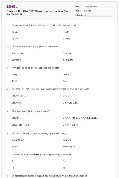 Tuyển tập đề thi thử THPTQG môn Hóa Học cực hay có lời giải (Đề số 12)